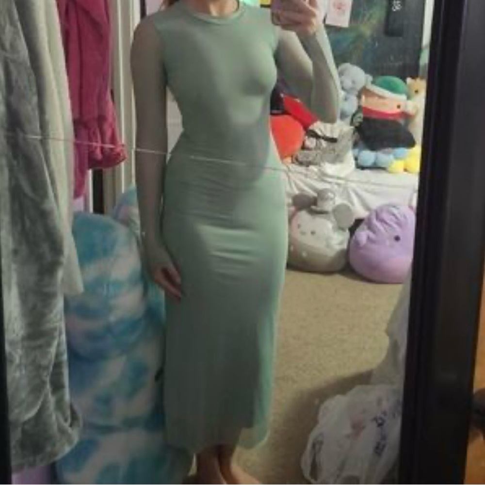 Sage Green Y2K Mesh Long Sleeve Bodycon Midi Dress | Sheer Fitted Evening Look